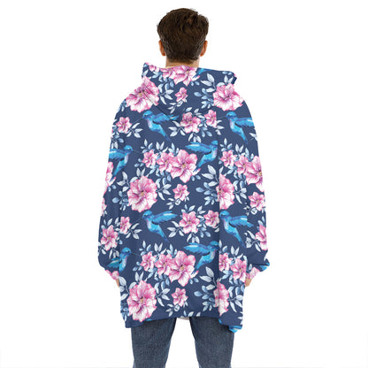 Pink Flowers And Hummingbird Print Hoodie Blanket