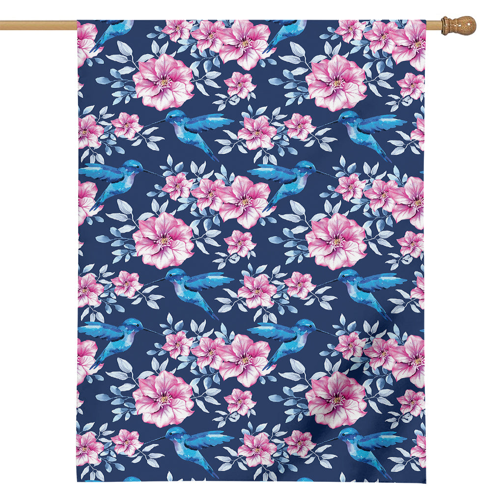 Pink Flowers And Hummingbird Print House Flag