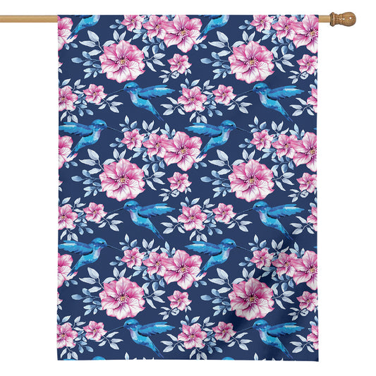 Pink Flowers And Hummingbird Print House Flag