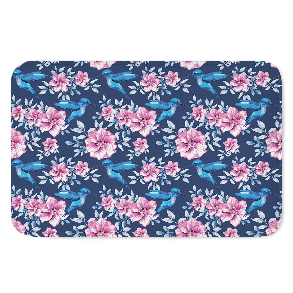 Pink Flowers And Hummingbird Print Indoor Door Mat
