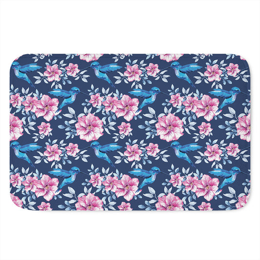 Pink Flowers And Hummingbird Print Indoor Door Mat