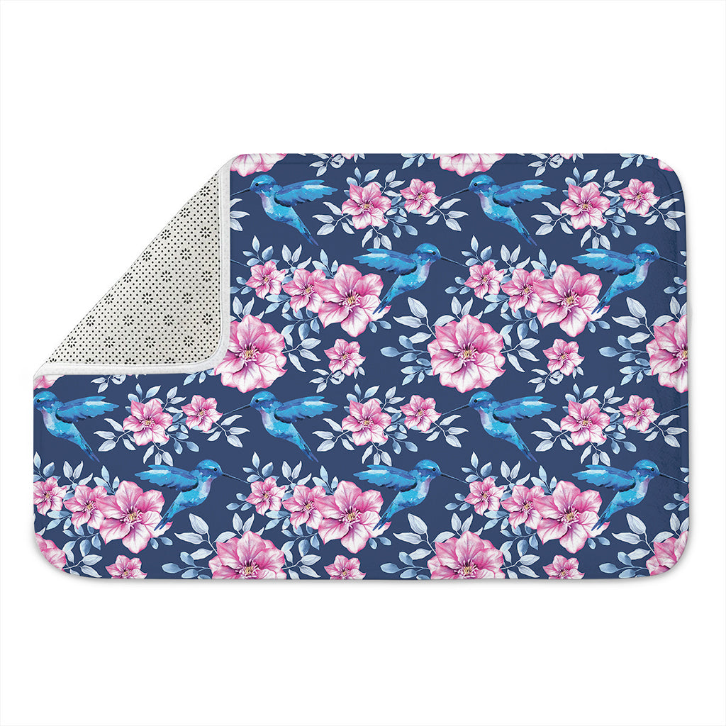 Pink Flowers And Hummingbird Print Indoor Door Mat