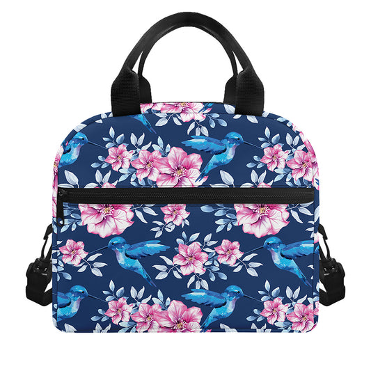 Pink Flowers And Hummingbird Print Insulated Lunch Bag
