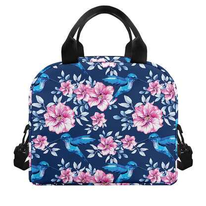 Pink Flowers And Hummingbird Print Insulated Lunch Bag