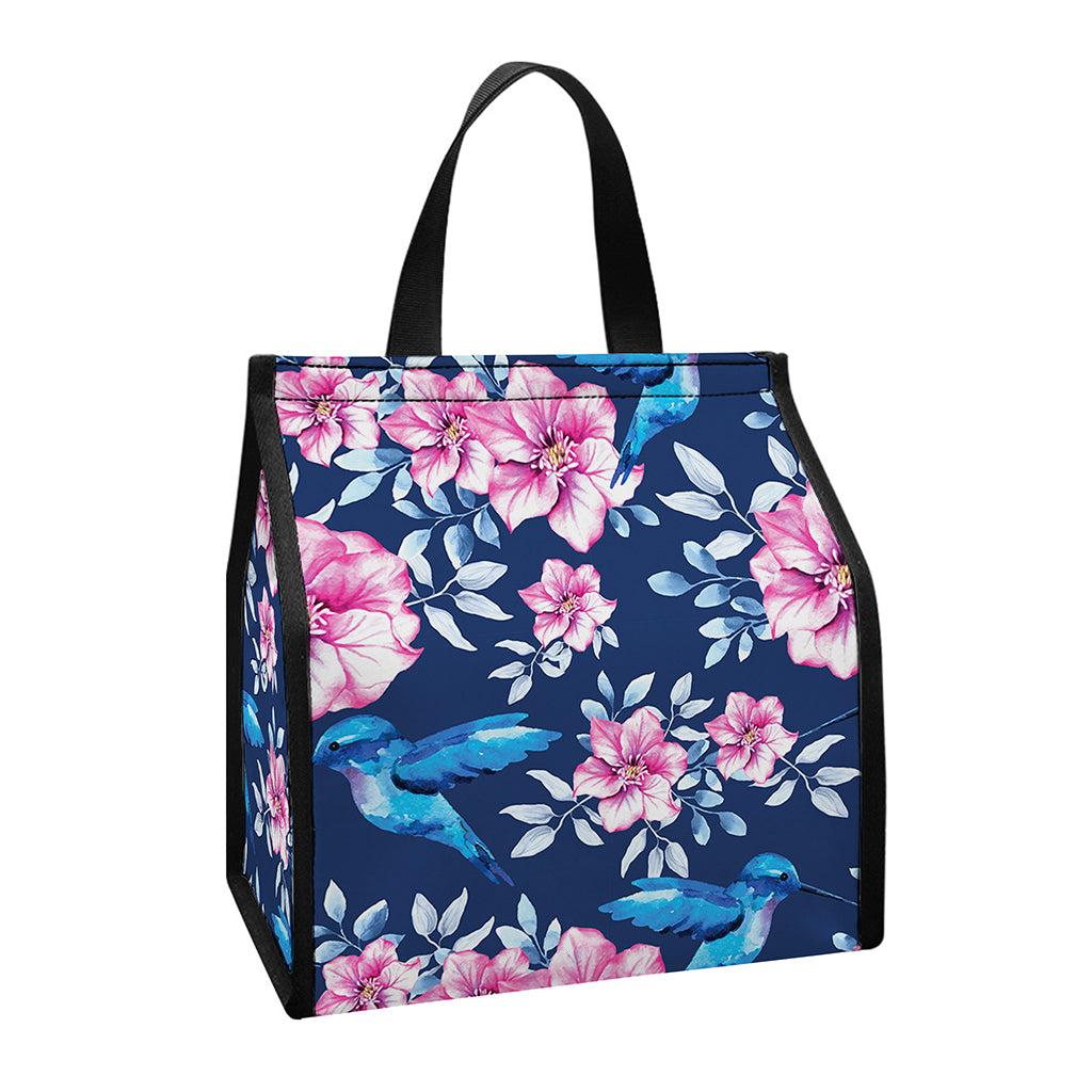 Pink Flowers And Hummingbird Print Insulated Lunch Tote