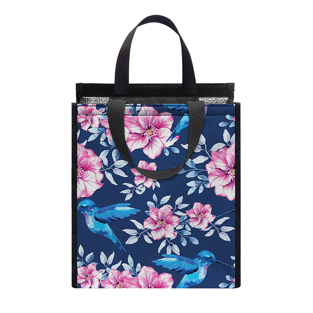 Pink Flowers And Hummingbird Print Insulated Lunch Tote