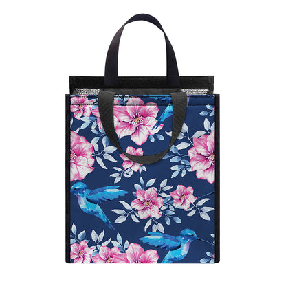 Pink Flowers And Hummingbird Print Insulated Lunch Tote