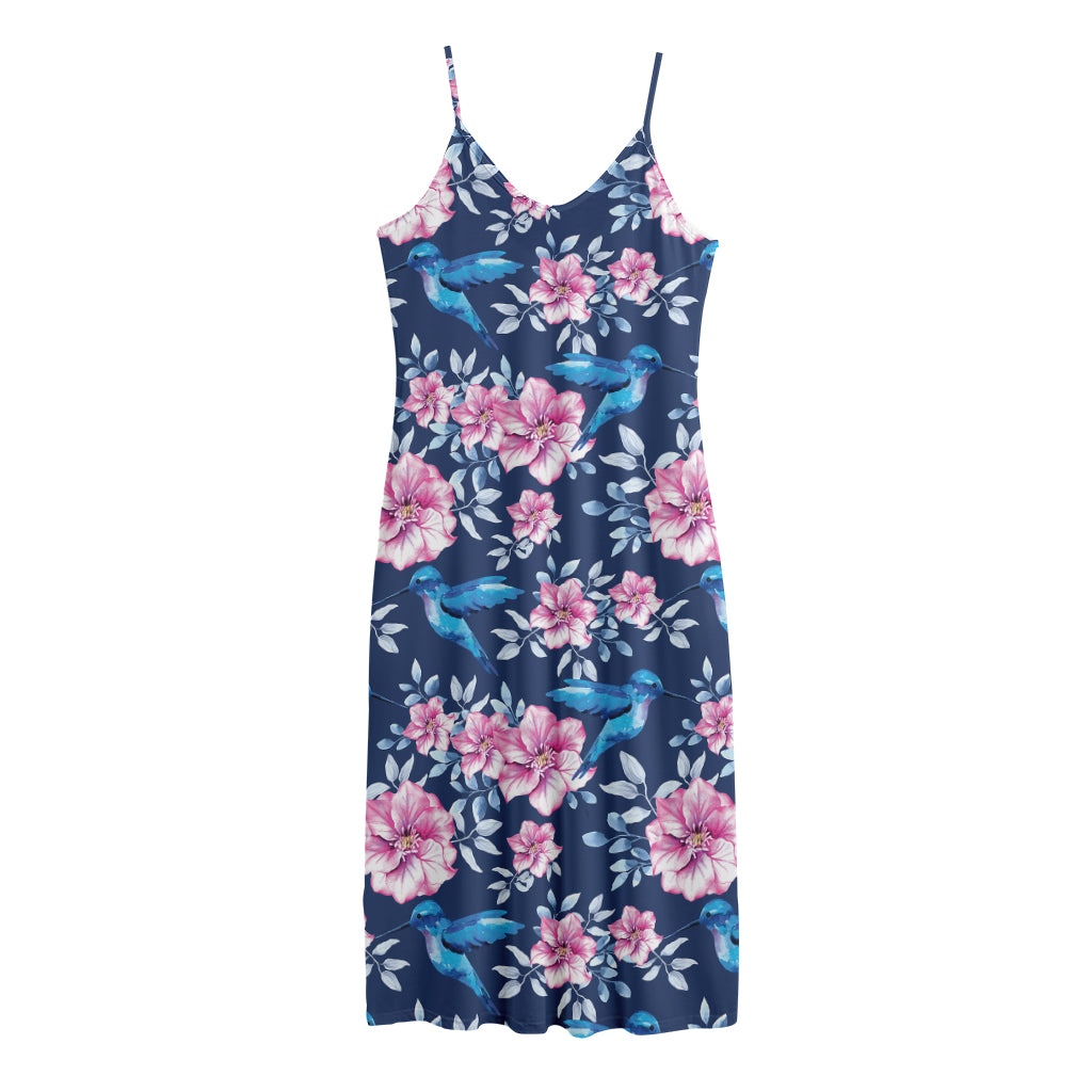 Pink Flowers And Hummingbird Print Jersey Midi Cami Dress