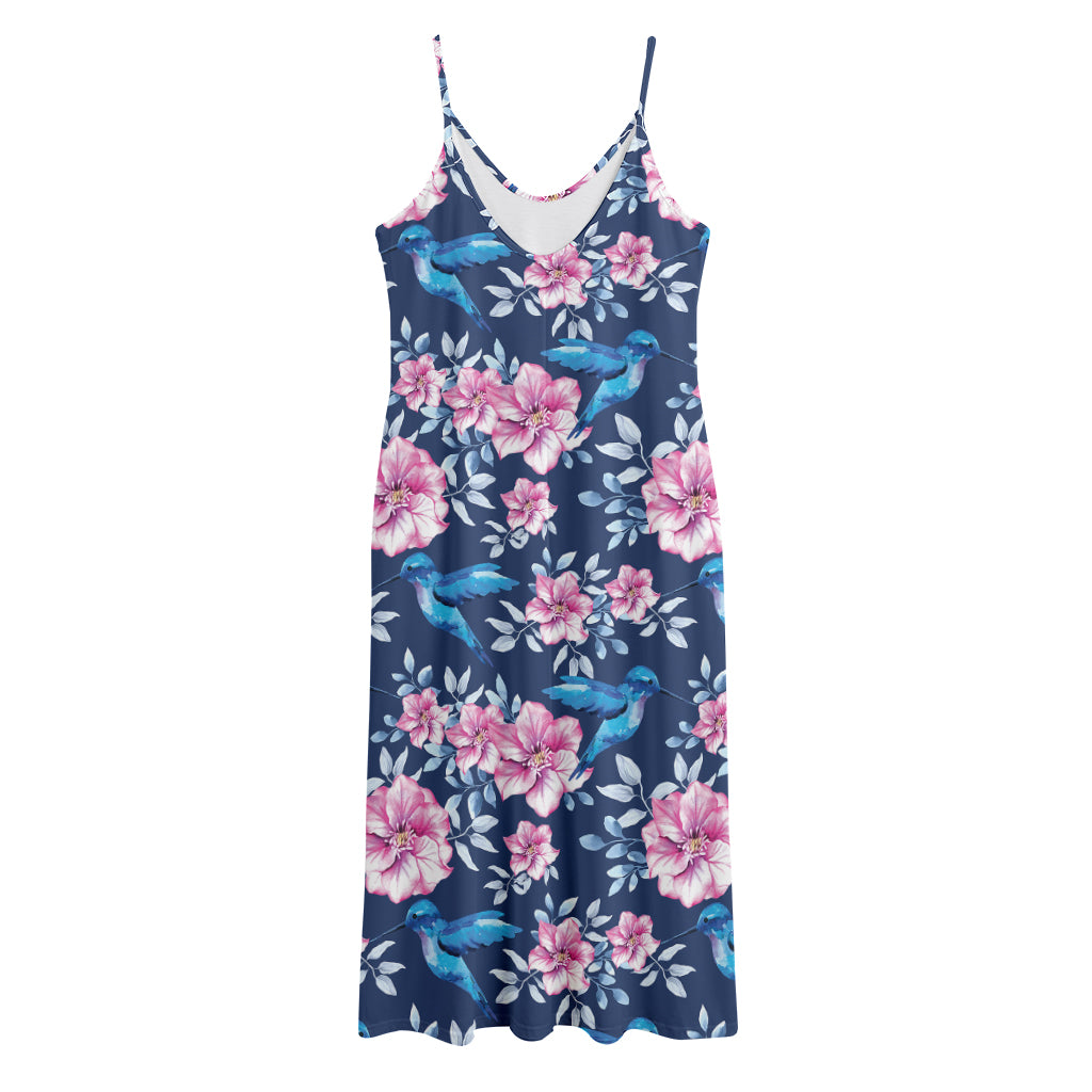 Pink Flowers And Hummingbird Print Jersey Midi Cami Dress