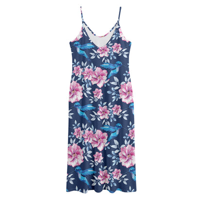 Pink Flowers And Hummingbird Print Jersey Midi Cami Dress