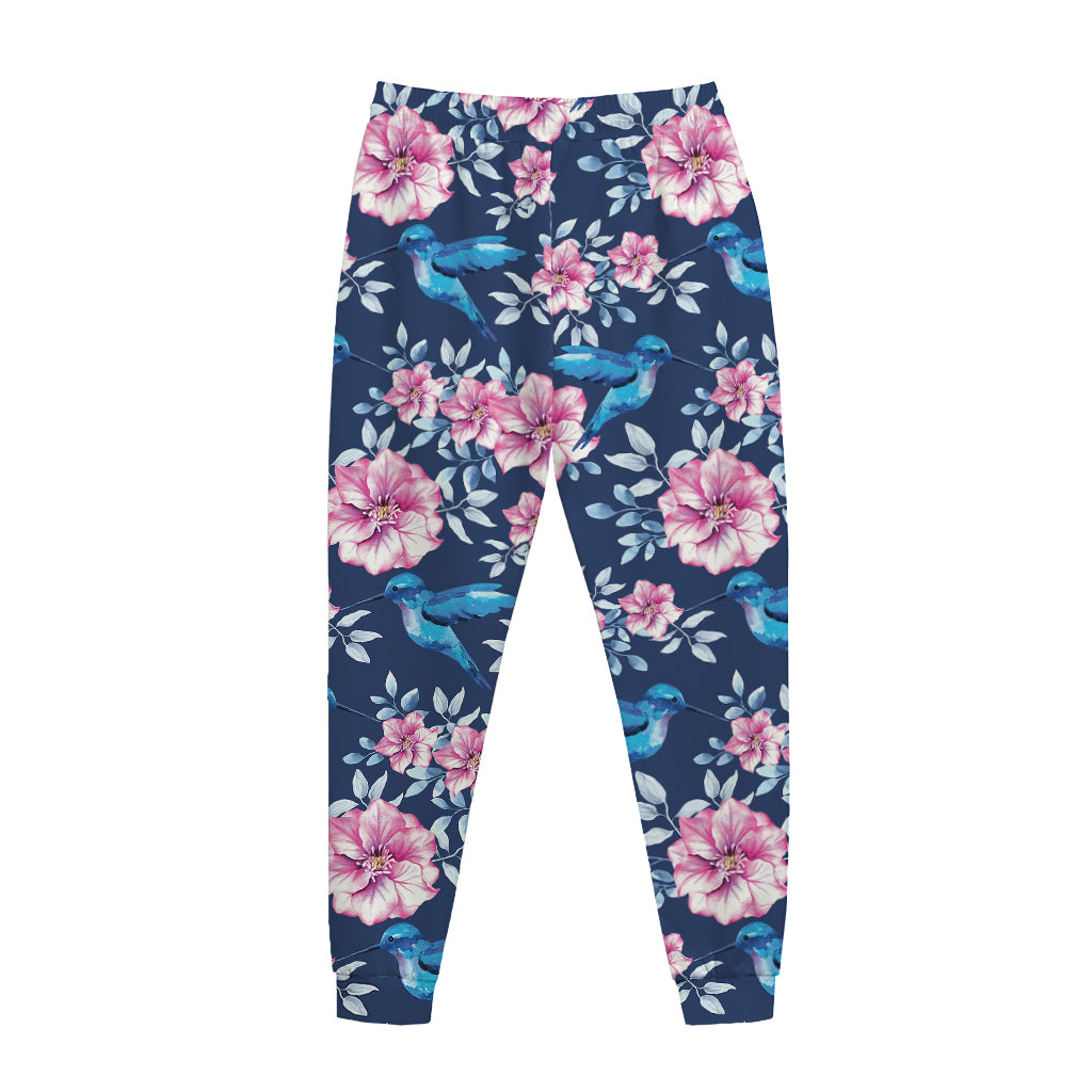 Pink Flowers And Hummingbird Print Jogger Pants