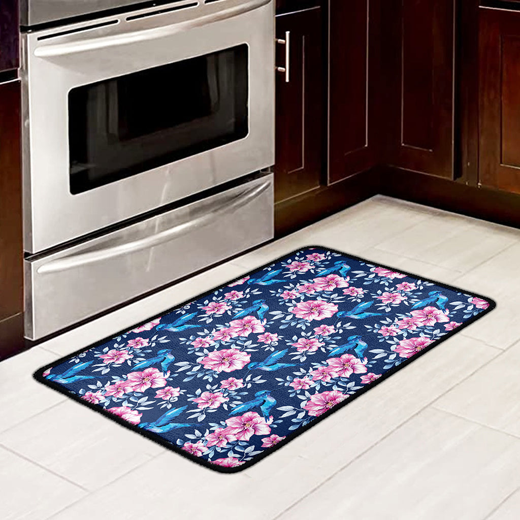 Pink Flowers And Hummingbird Print Kitchen Mat