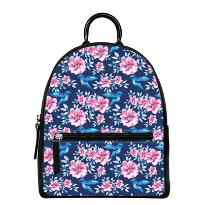 Pink Flowers And Hummingbird Print Leather Backpack