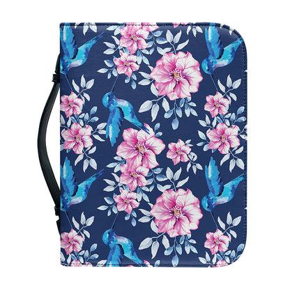 Pink Flowers And Hummingbird Print Leather Bible Cover