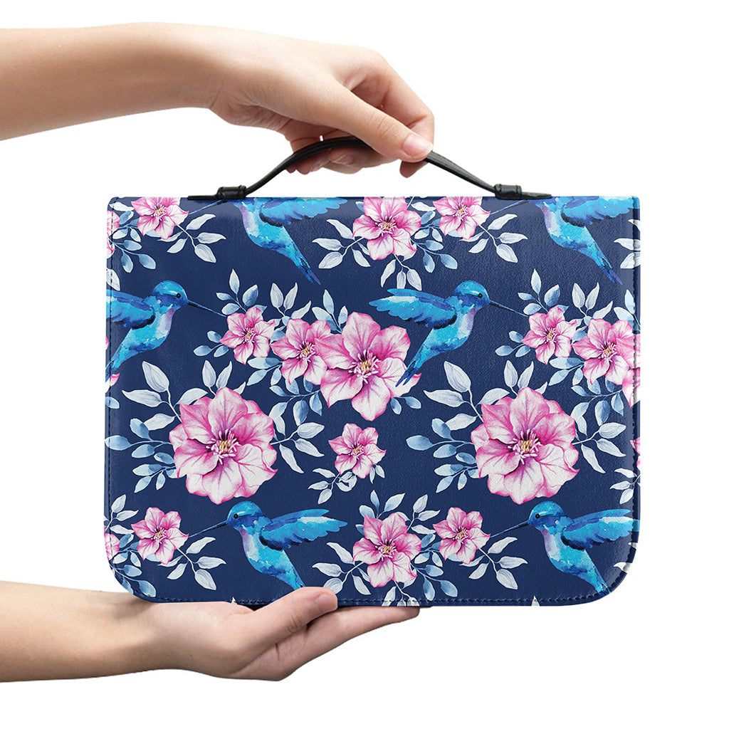 Pink Flowers And Hummingbird Print Leather Bible Cover
