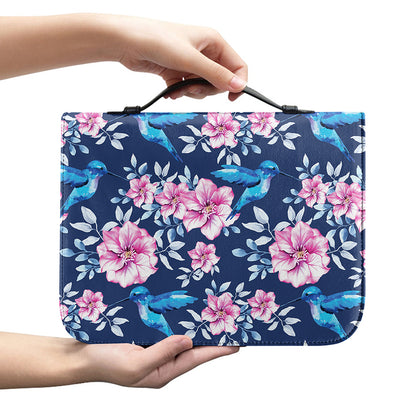 Pink Flowers And Hummingbird Print Leather Bible Cover