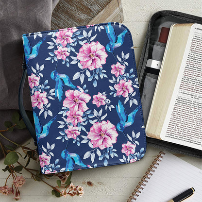 Pink Flowers And Hummingbird Print Leather Bible Cover