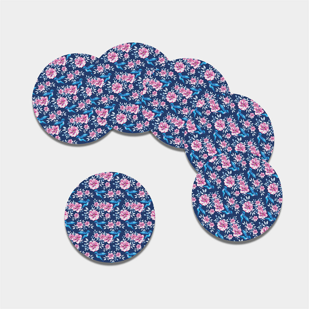 Pink Flowers And Hummingbird Print Leather Coaster Set