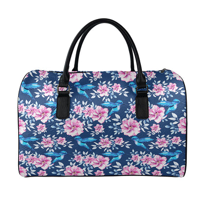 Pink Flowers And Hummingbird Print Leather Duffle Bag