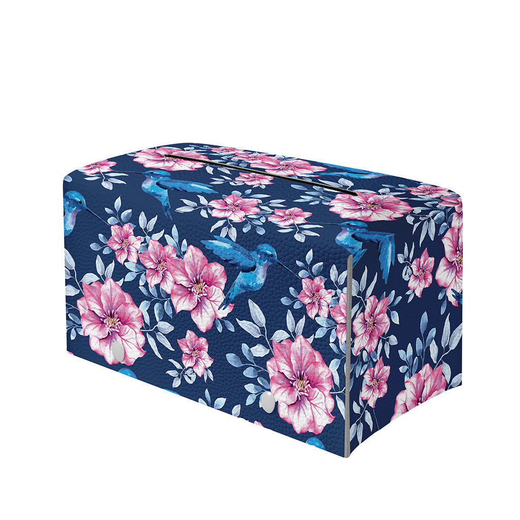 Pink Flowers And Hummingbird Print Leather Tissue Box Cover