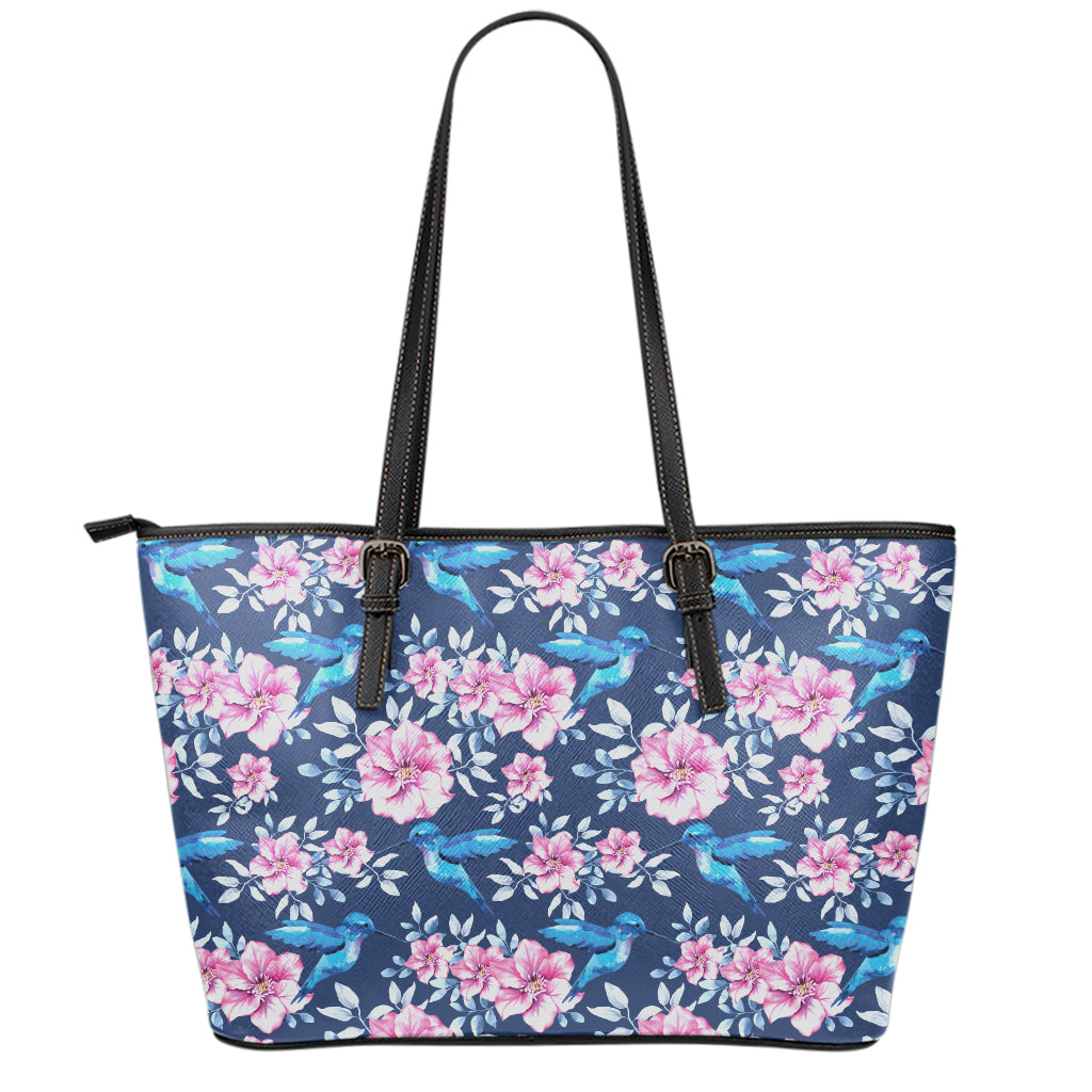Pink Flowers And Hummingbird Print Leather Tote Bag
