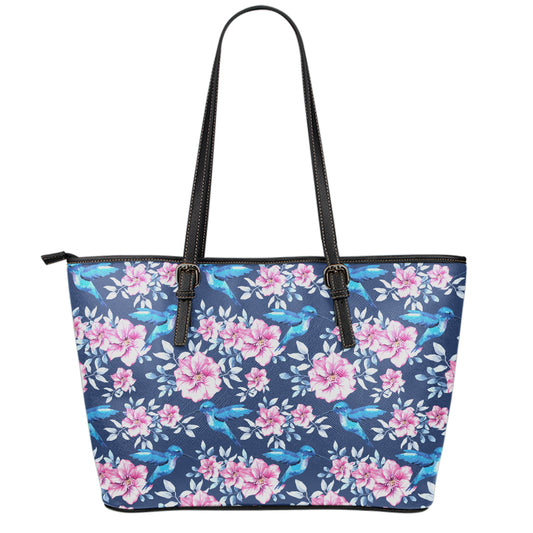 Pink Flowers And Hummingbird Print Leather Tote Bag