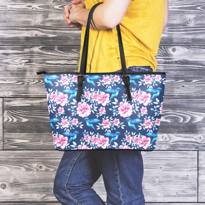 Pink Flowers And Hummingbird Print Leather Tote Bag