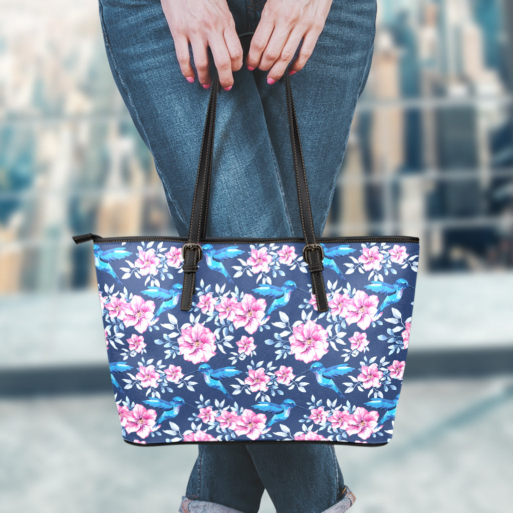 Pink Flowers And Hummingbird Print Leather Tote Bag