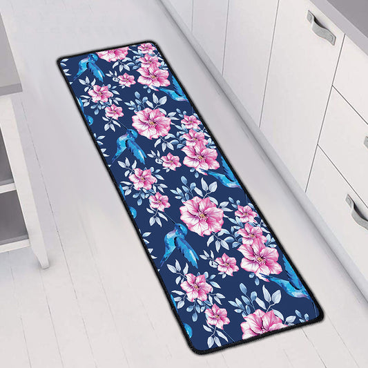 Pink Flowers And Hummingbird Print Long Kitchen Mat