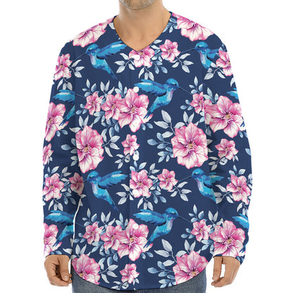 Pink Flowers And Hummingbird Print Long Sleeve Baseball Jersey
