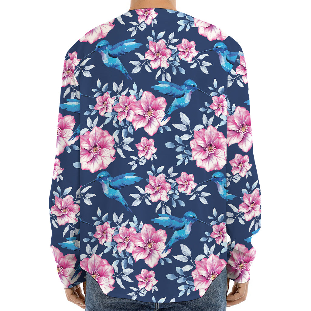 Pink Flowers And Hummingbird Print Long Sleeve Baseball Jersey