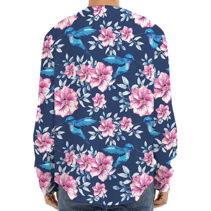 Pink Flowers And Hummingbird Print Long Sleeve Baseball Jersey