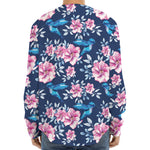 Pink Flowers And Hummingbird Print Long Sleeve Baseball Jersey