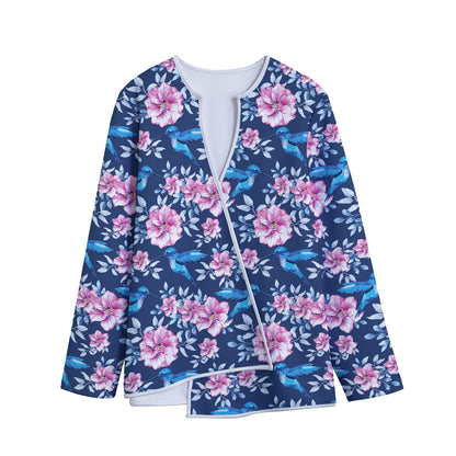 Pink Flowers And Hummingbird Print Long Sleeve Short Coat