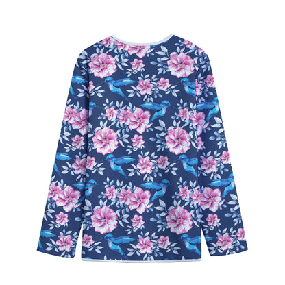 Pink Flowers And Hummingbird Print Long Sleeve Short Coat