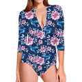Pink Flowers And Hummingbird Print Long Sleeve Swimsuit
