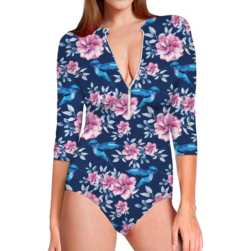 Pink Flowers And Hummingbird Print Long Sleeve Swimsuit