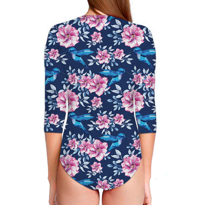 Pink Flowers And Hummingbird Print Long Sleeve Swimsuit