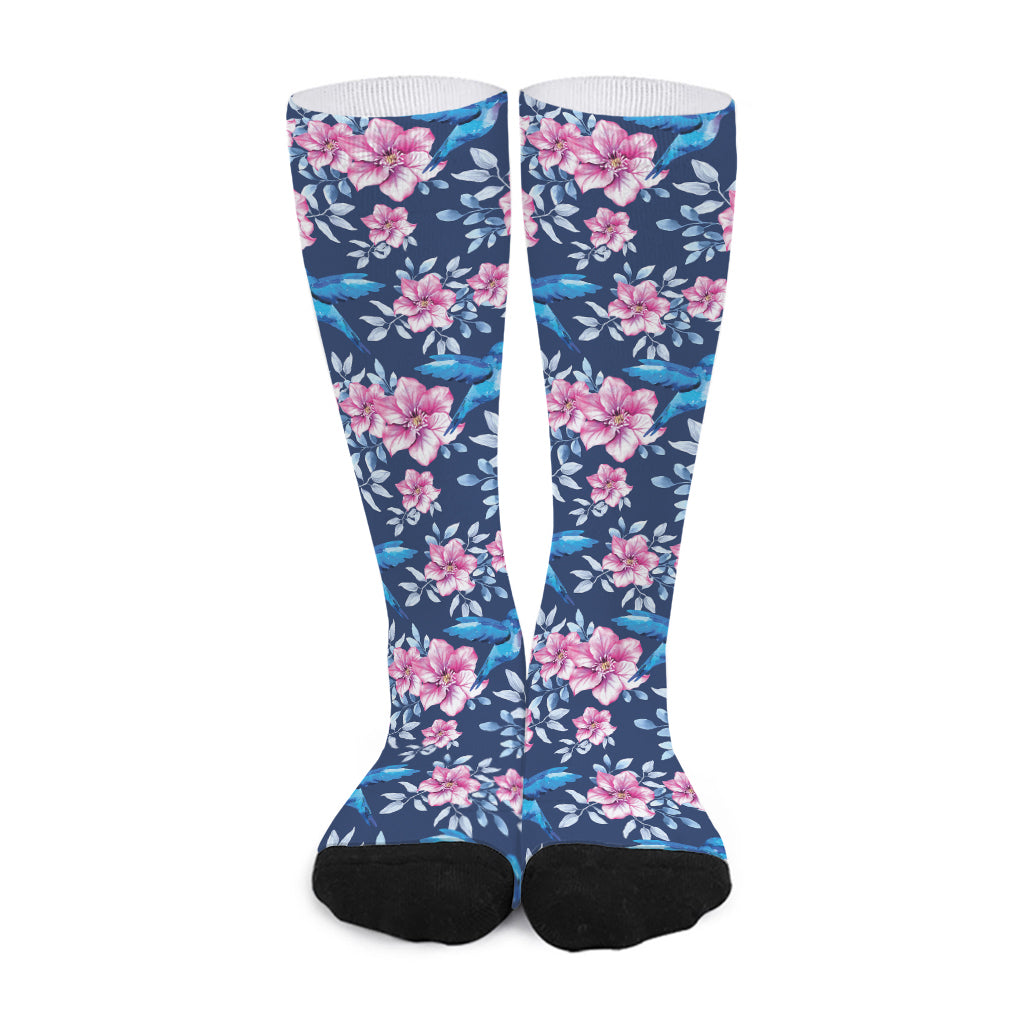 Pink Flowers And Hummingbird Print Long Socks