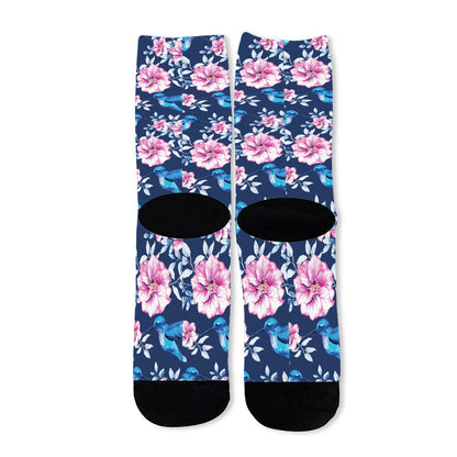 Pink Flowers And Hummingbird Print Long Socks