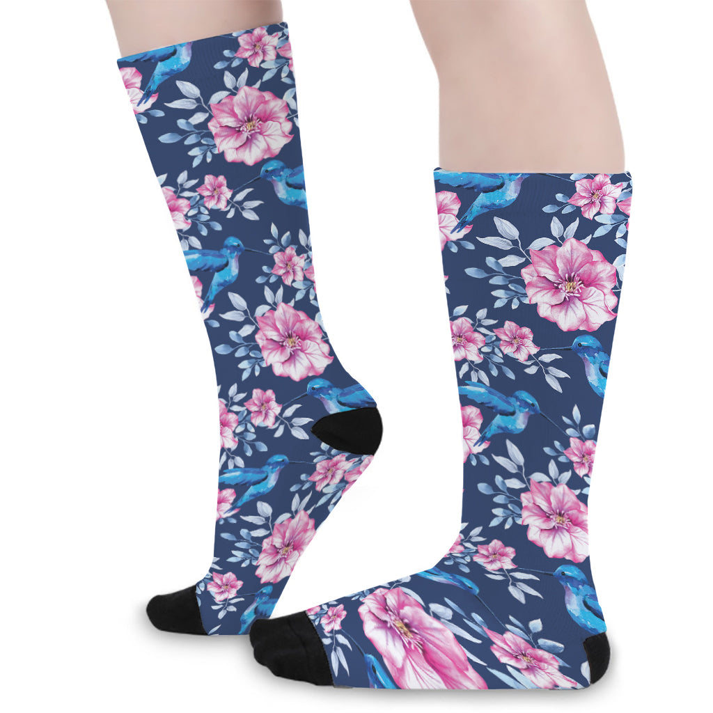 Pink Flowers And Hummingbird Print Long Socks