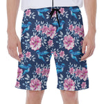 Pink Flowers And Hummingbird Print Men's Beach Shorts
