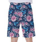 Pink Flowers And Hummingbird Print Men's Beach Shorts
