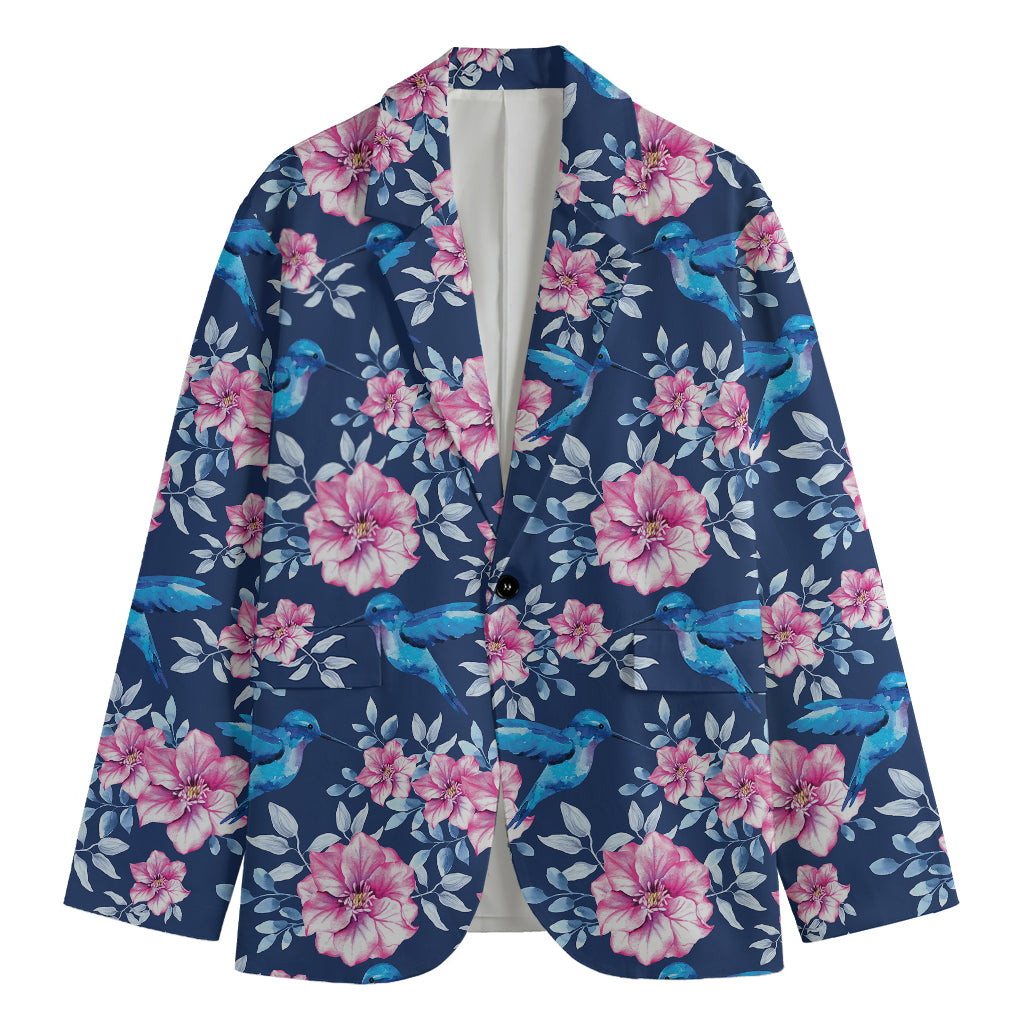 Pink Flowers And Hummingbird Print Men's Blazer