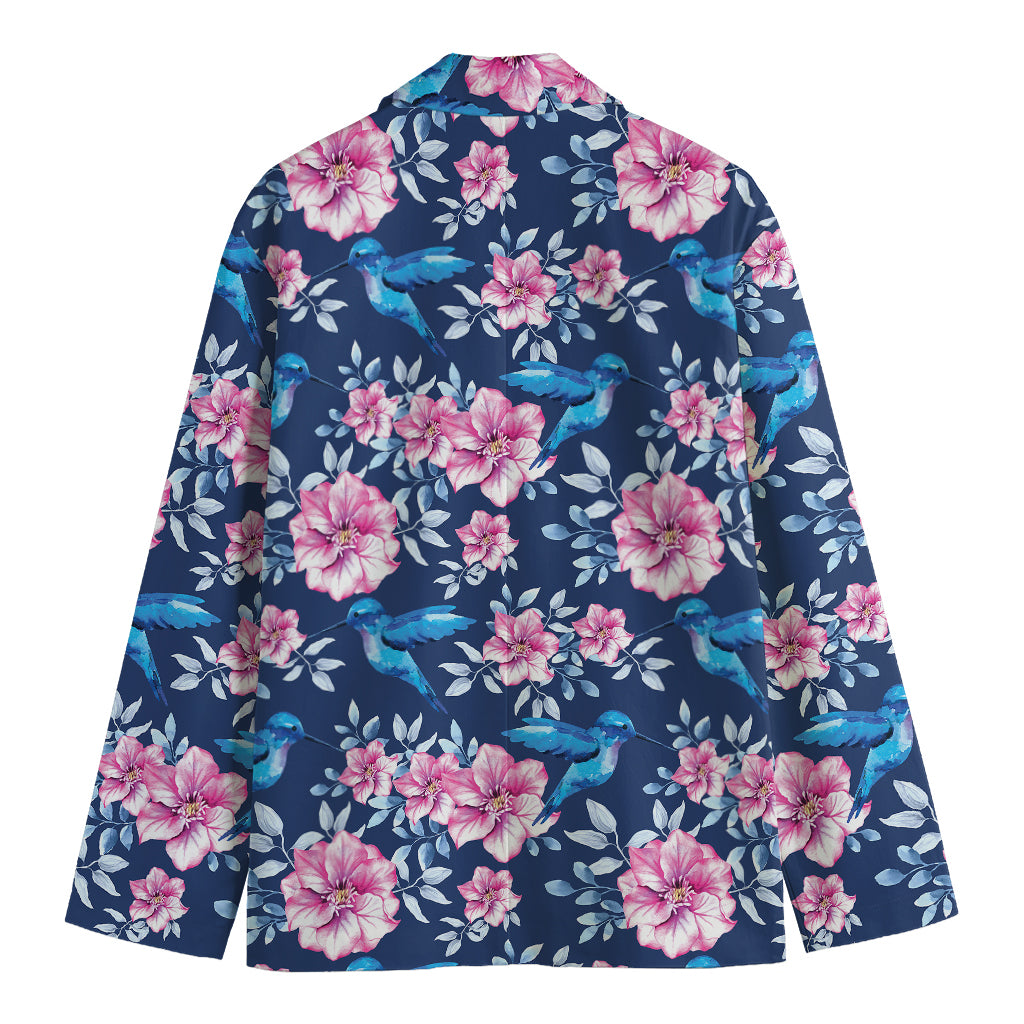 Pink Flowers And Hummingbird Print Men's Blazer