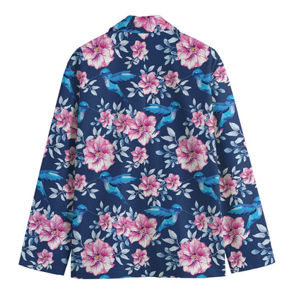 Pink Flowers And Hummingbird Print Men's Blazer