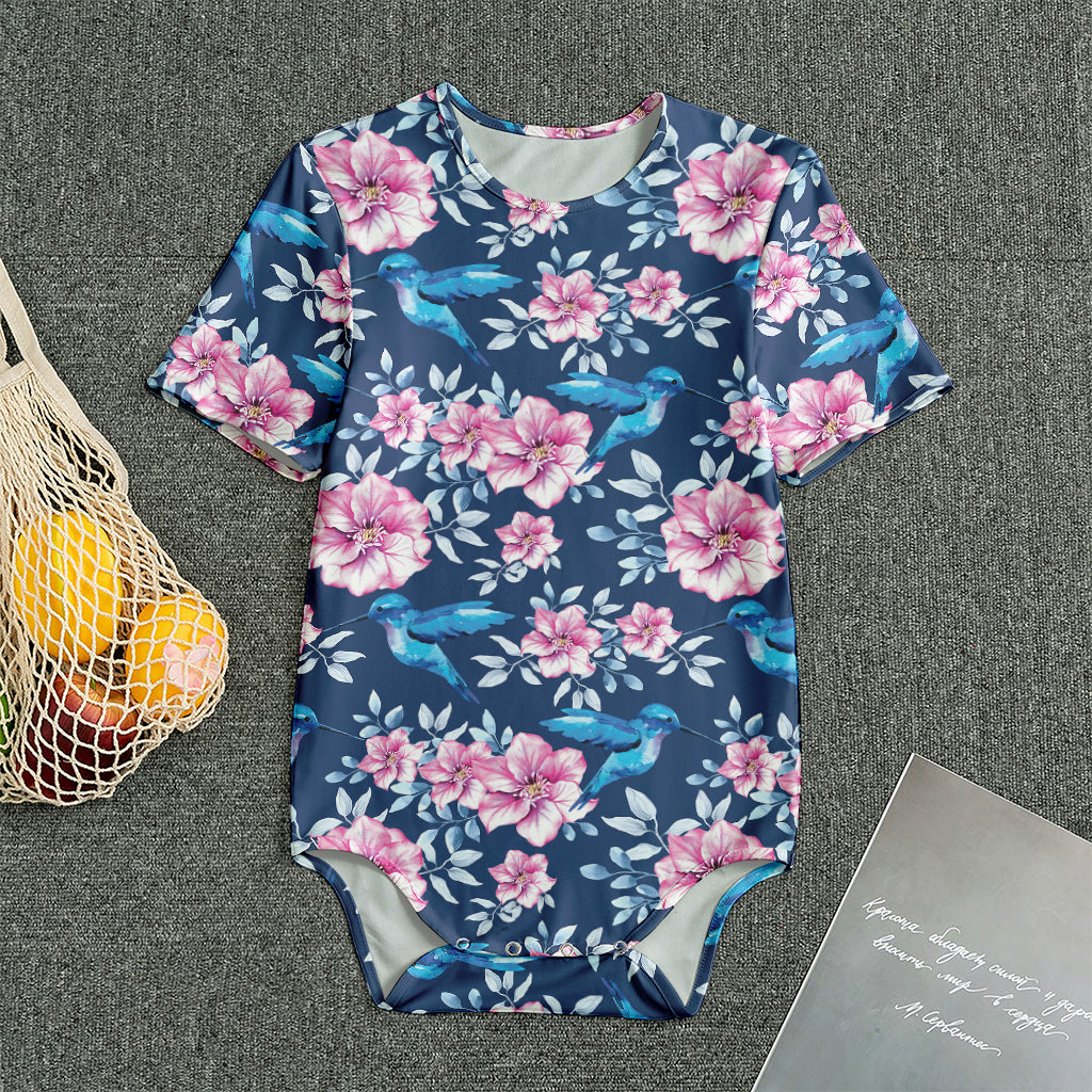 Pink Flowers And Hummingbird Print Men's Bodysuit