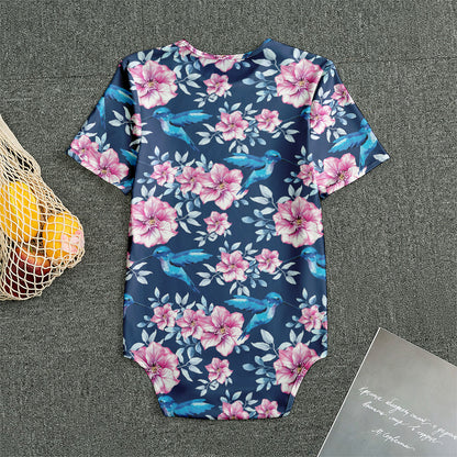 Pink Flowers And Hummingbird Print Men's Bodysuit