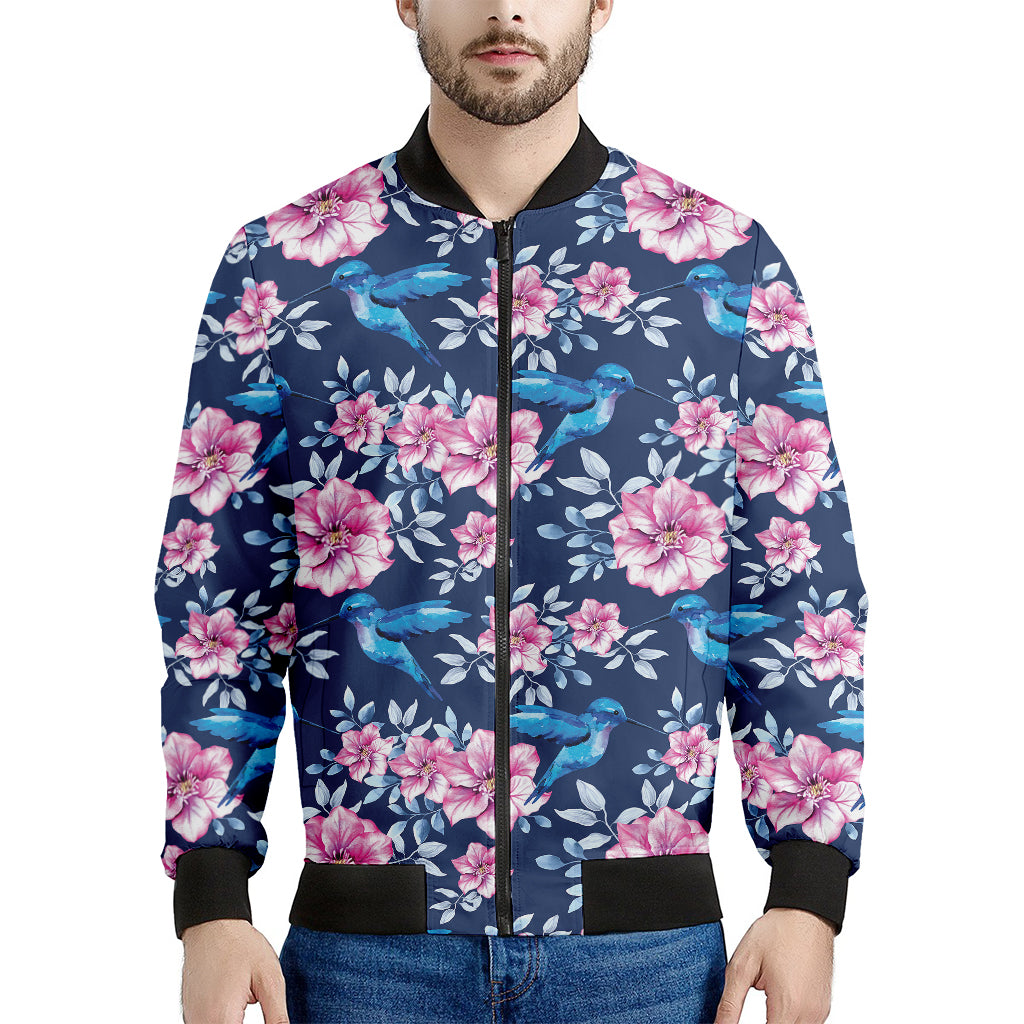 Pink Flowers And Hummingbird Print Men's Bomber Jacket