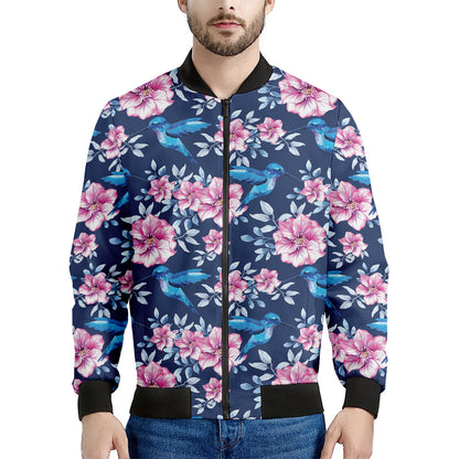 Pink Flowers And Hummingbird Print Men's Bomber Jacket